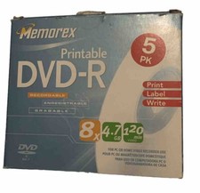 MEMOREX Printable DVD-R 8 X 4.7 GB 120 Min 5 Pack New in box Sealed picture