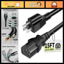 Universal 15ft Power Cord, 3-Prong Pure Copper, ETL Listed, Heavy Duty, Black picture