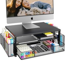 2-Tier Monitor Stand Desk Organizer With Drawer Pen Holder Black picture