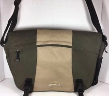 Eddie Bauer Large Green/Tan Fabric Messenger Laptop Computer Travel Bag picture