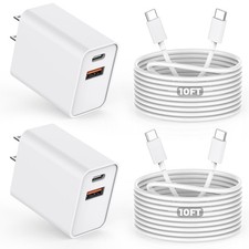 10FT iPhone 17/16e Fast Charger,2Pack 20W Dual Port USB C-C, White/White  picture