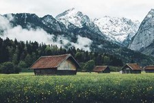 Landscape mountains house trees plants flowers clouds Custom Gaming Mat Desk picture