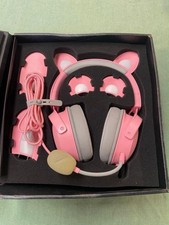 Razer Pink Gray Over-Ear Headset 3.5mm Wired Boom Mic Detachable Cat Ears picture
