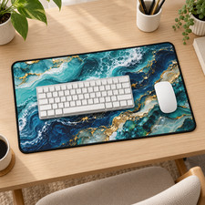 Teal Gold Ocean Desk Mat, Blue Marble Mouse Pad, Abstract Office Decor picture
