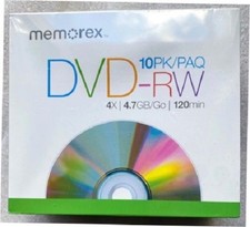 NEW Memorex 10 Pack DVD-RW 4x 4.7GB 120 Minute Blank Discs w/ Slim Cases/Sealed picture