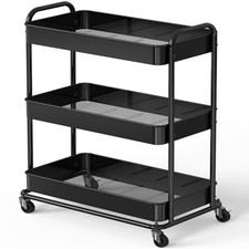 Metal Utility Cart 26 Extra Wide 3 Tier Heavy Duty Black Simple Houseware picture