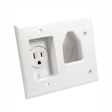 Recessed 2-Gang Wall Plate 1 Outlet 1 Pass Through Audio Video Power Cable White picture
