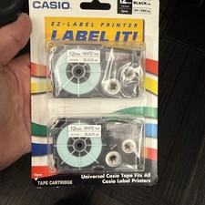 Casio Tape Cartridge Universal EZ Label 12mm White Tape Black Ink 2 Pcs .5 Inch picture