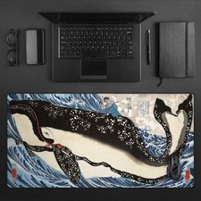 Japanese Whale Desk Mat XL Mouse Pad Warrior Ukiyo-e Style Ocean Art Deskpad picture