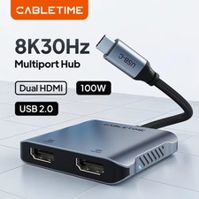 CABLETIME USB C to HDMI Hub 4-in-1 MST 4K 8K Dual Display 100W PD Adapter picture
