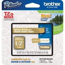 Brother TZeMQ835 12mm white on satin gold TZ tape PTH100 PT H100 D200 H300 D400 picture