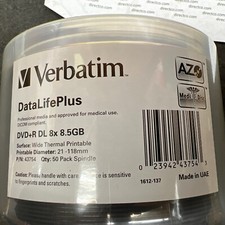 VERBATIM AMERICAS LLC 43754 DVD+R DL 8.5GB 8X WHITE WIDE THERMAL PRINTABLE 50PK picture