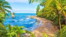 Landscape nature far view trees sand rocks waves Custom Gaming Mat Desk picture