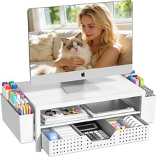 2-Tier Monitor Stand Riser w/ Drawer & Pen Holders Organizer for Office White picture