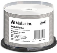 50-Pak VERBATIM 8X White THERMAL Hub 8.5GB DOUBLE LAYER 2P DL DVD+R's, #43754 picture