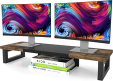 Dual Monitor Stand Riser, Wood and Steel Multi-Purpose Desktop Storage Stand for picture