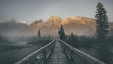 Landscape photography mountains water mist bridge beige Custom Gaming Mat Desk picture