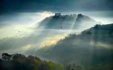 Landscape nature mountains mist forest sunbeams morning Custom Gaming Mat Desk picture