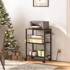 3 Tier Mobile Printer Stand Rolling Cart Power Outlets USB Ports 2 Hooks Office picture