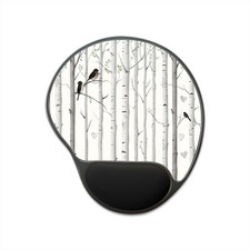 Birch Forest Birds mouse pad with wrist rest | Woodland trees hearts design picture