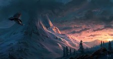 Landscape nature winter snow birds art mountains sunset Custom Gaming Mat Desk picture
