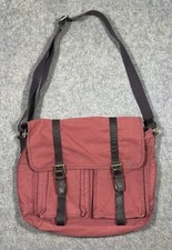 Vintage Fossil Canvas Messenger Bag Red Leather Strap Buckle Crossbody READ picture