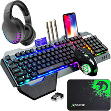 Wireless Gaming Membrane Keyboard Mouse and Bluetooth Headset Kit-Black RGB picture