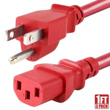 3x 1FT 18 Gauge Power Cord Cable NEMA 5-15P Male to IEC 60320 C13 Female 10A Red picture