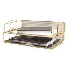 Stackable Paper Tray Gold Mesh Set of 2 Desk Organizer BLU MONACO File Trays picture