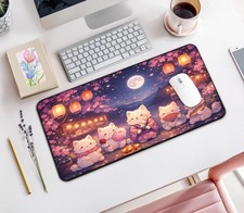 Kawaii Sakura Festival Cats Desk Mat, Large Mouse Pad Cherry Blossom Night picture