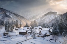Landscape village hut snow mountains forest trees sky Custom Gaming Mat Desk picture