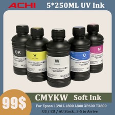 ACHI 250ML UV Soft INK For Epson 1390/L800/L1800/XP600/TX800 UV Printer CMYKW US picture