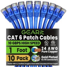 GEARit Cat 6 Ethernet Patch Cable 1 ft Blue (10 Pack) - Cat6 Patch Cables 1ft picture