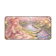 Cherry Blossom Girl Desk Mat Kawaii Anime Cat Waifu XL Gaming Desk Mat picture