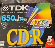 TDK 650MB 74 Min 8x Speed Compatible Recordable Compact Discs/5 Pack-NEW picture