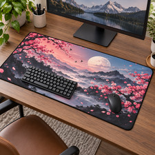 Cherry Blossom Desk Mat, Japanese Landscape Mouse Pad, Moon Mountain Desk Pad picture