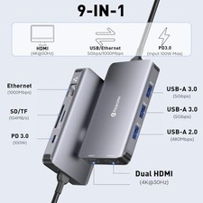 REBORN LAPTOP DOCKING STATION DUAL MONITOR, 9-IN-1 USB C HUB DUAL MONITOR - picture