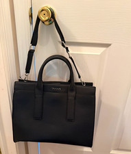 Tahari Black Leather Laptop Briefcase Solid w/ Adjustable Shoulder Strap picture
