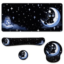Moon Cat Starry Night Large Desk Mat Set Mouse Pad Wrist Rest 4in1 Keyboard picture