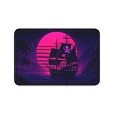 Neon Pirate Ship Gaming Mouse Pad Vaporwave Sunset Extended Desk Mat Design picture