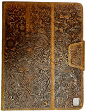 Tooled Leather Folio Case for iPad Stand Brown Floral Embossed Cover Unused picture