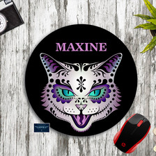 SUGAR SKULL CAT FACE PURPLE BLACK ROUND MOUSE PAD MAT PERSONALIZED NAME GIFT picture