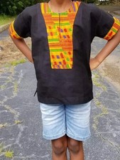 Black Dashiki Shirt with Kente Trim-DPC3256 | African Fashion | Dupsie's picture