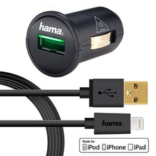 hama MicroCube Car Charger 12Watt/2.4 Amp + USB Lightning Connector U6108995 picture