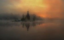Landscape nature mist river church reflection sunlight Custom Gaming Mat Desk picture