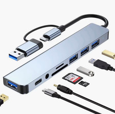 Aluminum USB 8 in 1 Hub Adapter USB-C + USB-A 2-in-1, 4x USB 3.0 5Gbps Silver picture