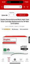 Staples Remanufacture Blk High Yield Toner Cartridge Replacement HP 80X STCF280X picture