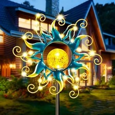 Solar Lights Outdoor Garden Decor, Blue Metal Sun Crackle Glass Globe Sun Light picture
