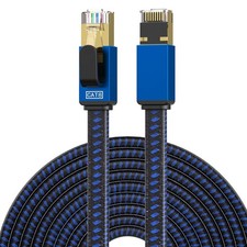 Cat 8 Ethernet Cable 8FT Flat Nylon Braided SSTP 40Gbps LAN RJ47 Cord Blue picture
