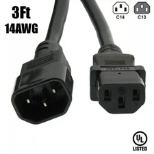 3FT 14AWG Power Cord Extension C13 to C14 IEC 320 3-Prong 14/3 Cable 125V 15A UL picture